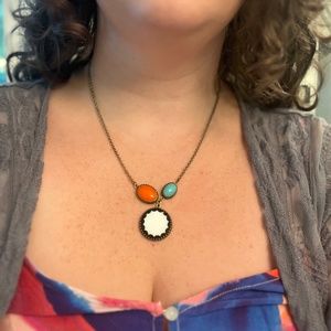 Vintage Cabochons B&W, Orange, Turquoise 16.5-18” adjustable length necklace
